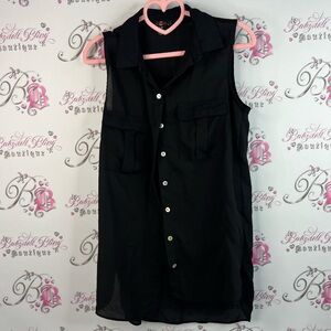 Lava tank top long mini dress button up Black Sleeveless Top collared pockets